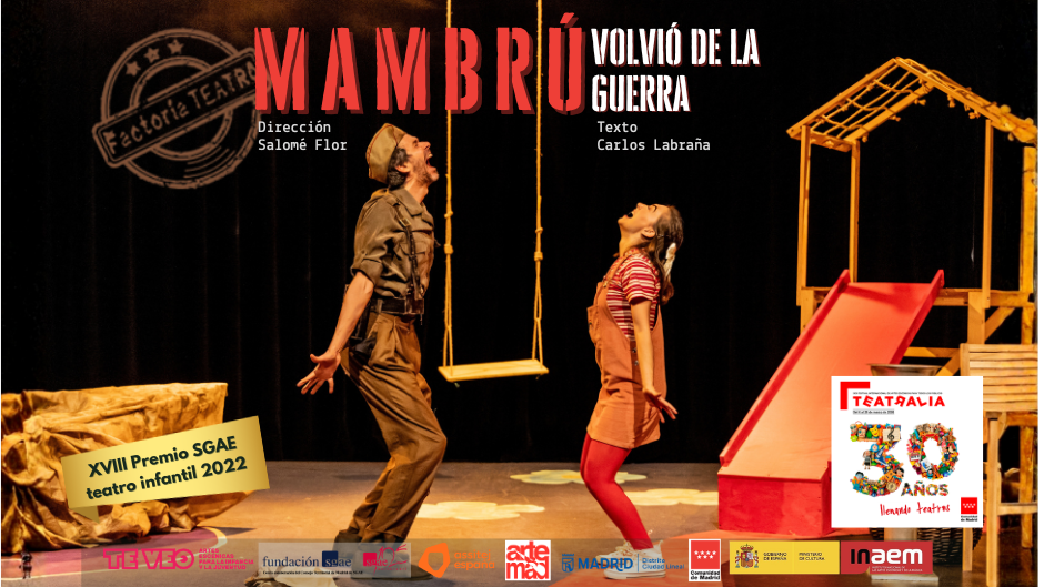 Escena de Mambrú volvió de la guerra con dos actores en un espacio escénico infantil, destacando elementos de juego y memoria